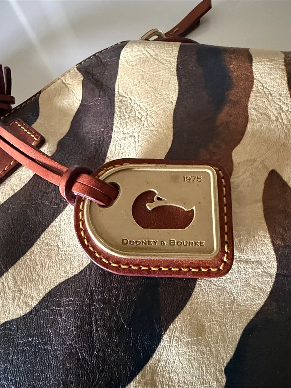 Authentic Dooney & Bourke Brown Cream Zebra-Print Leather Satchel